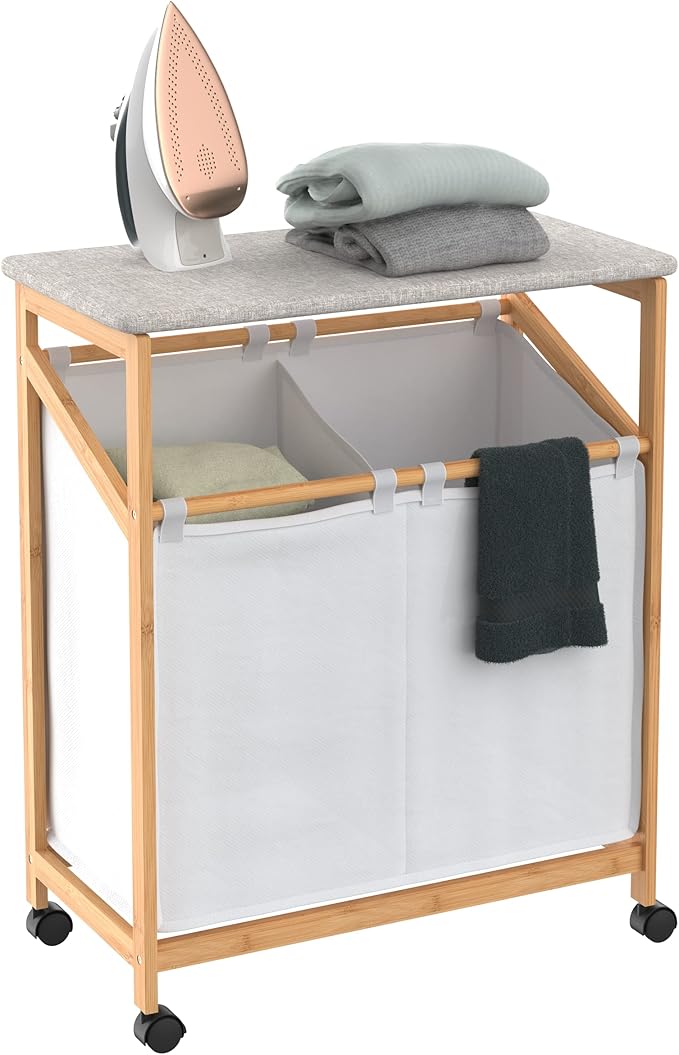 ClosetMaid Bamboo Laundry Hamper Cart with Ironing Board Folding Station, Dual Compartments with Divider, Portable Laundry Sorter, Natural Finish