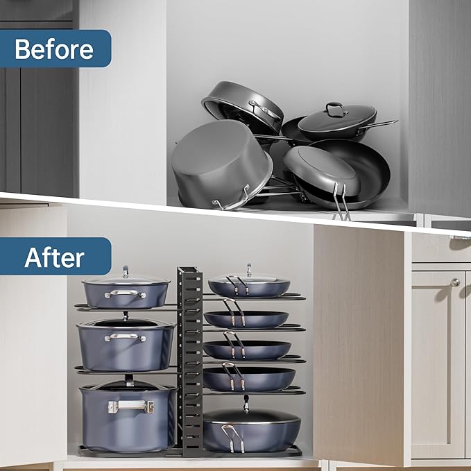 ORDORA Pots and Pans Organizer under Cabinet 14.55 Height, Adjustable 8-Tier Pot Organizers inside Cabinet, Kitchen Organizers and Storage Fit 6-11 inch Lightweight Cookware
