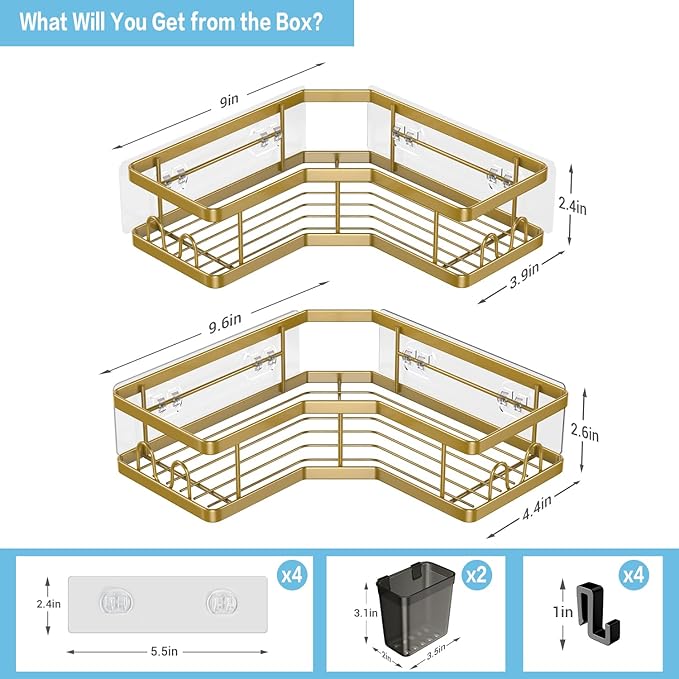 Corner Shower Caddy Organizer Shelf: 2Pack Adhesive Shower Rack, No Drilling Stainless Steel Shower Storage Shelves for Bathroom Kitchen (Gold)