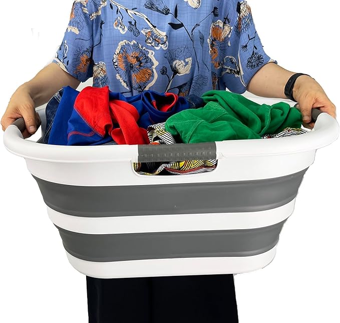SAMMART 40L (10.5 gallon) Plastic Foldable Laundry Basket/Tub - Collapsible, Space Saving and Portable Laundry Hamper, Ideal for Home, Travel, Dorm, and Camping (1, White/Steel Gray)