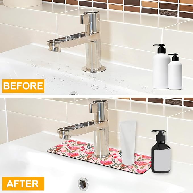 2 Pack Watercolor Tulips Sink Faucet Absorbing Mat Pink Tulips Super Absorbent Fast Drying Mat Sink Gadgets Behind Faucet Sinkmat for Kitchen Bathroom, 15.5"x5.5"