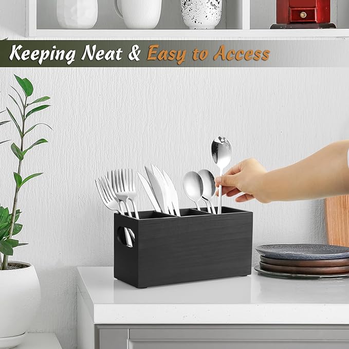 DRASTAR Silverware Holder, Wooden Utensil Caddy, Silverware Organizer Countertop, Cutlery Holder for Party, Fork Spoon Knife Organizer，Black