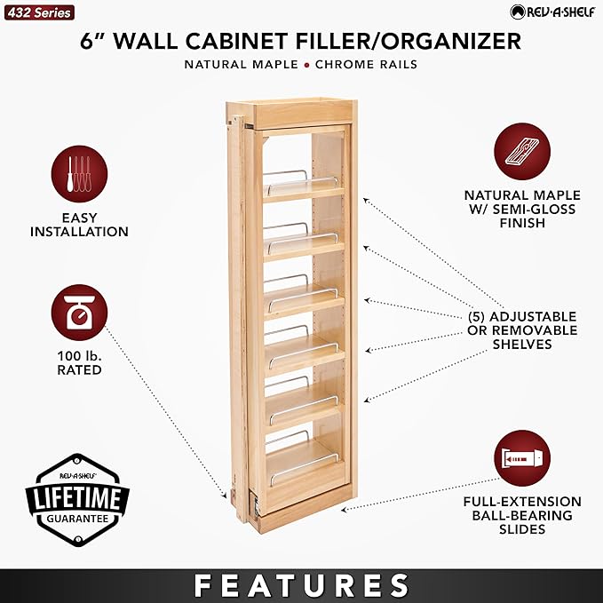 Rev-A-Shelf 6" W x 39" H Pull Out Quad Shelf Organizer for Wall & Base Kitchen Cabinets, Full Extension Filler Spice Rack, Adjustable, Wood, 432-WF39-6C