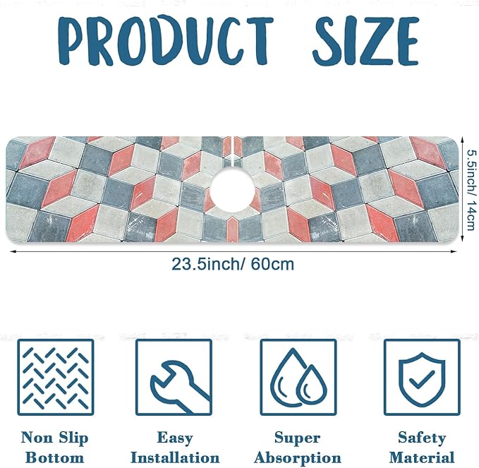 Red Gray Tile Kitchen Sink Splash Guard Faucet Mat Red White Diamond Super Absorbent Fast Drying Mat Sink Splash Guard Behind Faucet for Kitchen Bathroom, 23.5"x5.5"