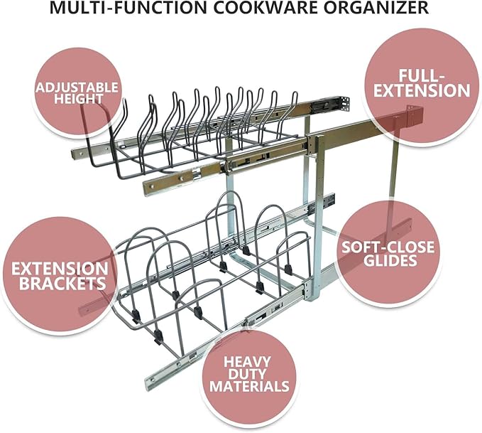 2 Tier Pull Out Pot and Pan Organizer,(11½"W x 22" D) Pull Out Cabinet Organizer for Pot Pan Lid Organization, Individual Pull Out Cabinet Organizer for 15 inch and above cabinet (11½"W x 22"D)
