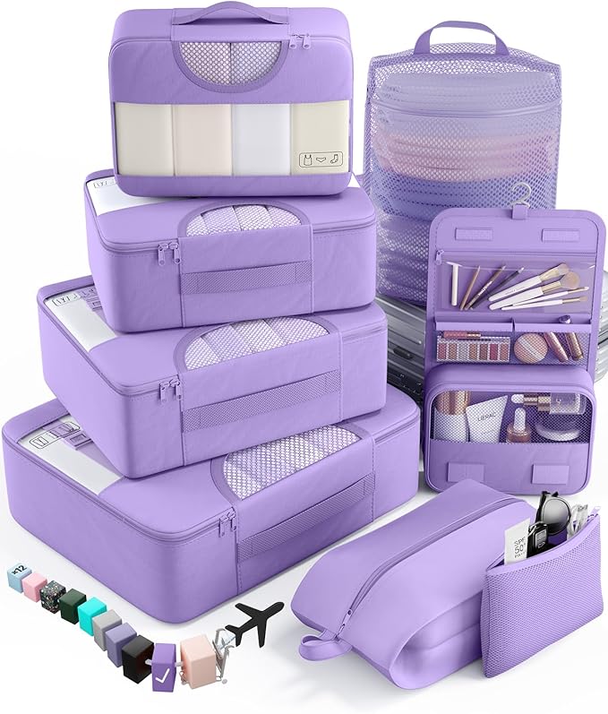 Veken 8 Set Packing Cubes for Travel Essentials, Suitcase Organizer Bags in 4 Sizes, Carry-On Luggage Accessories with Large Laundry & Hanging Toiletry Bag, Must-Have for Airplane, Road Trip & Camping