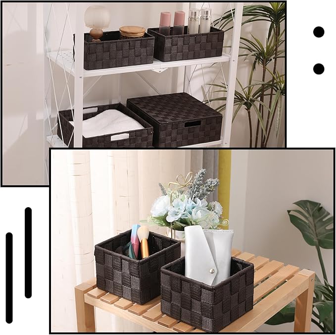 Storage Bins Woven Organizer with Lids Set of 8 – Polypropylene Storage Baskets with Metal Frame, Stackable Fabric Boxes for Drawers, Closet, Shelf, Nursery and Office, Brown