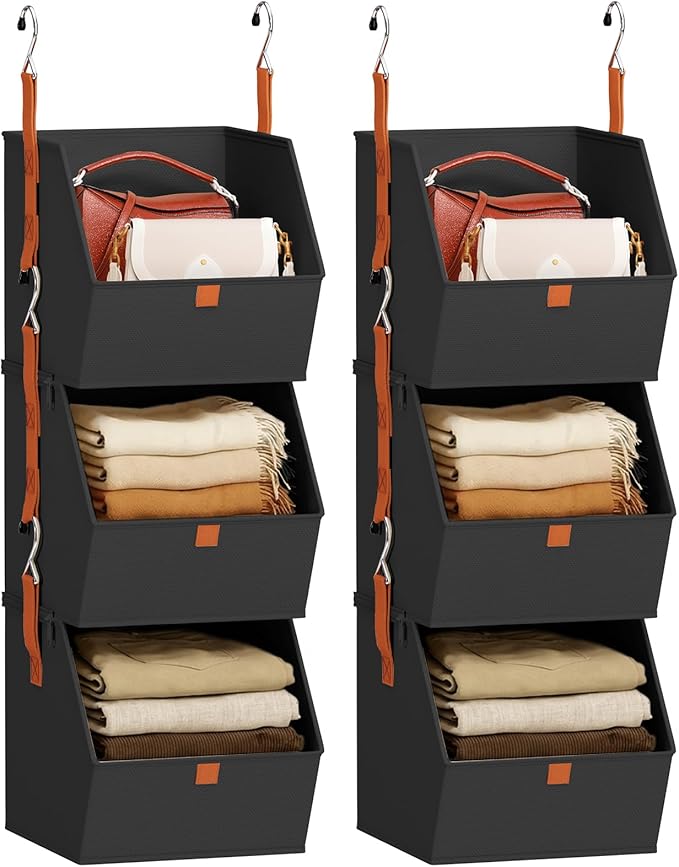 Collapsible Hanging Closet Organizer - 6 Tier Closet Shelves Storage System with Hooks, Fabric Hanging Storage Bins for Clothes, Foldable Storage Basket for Laundry, Bedroom, Rv, Black