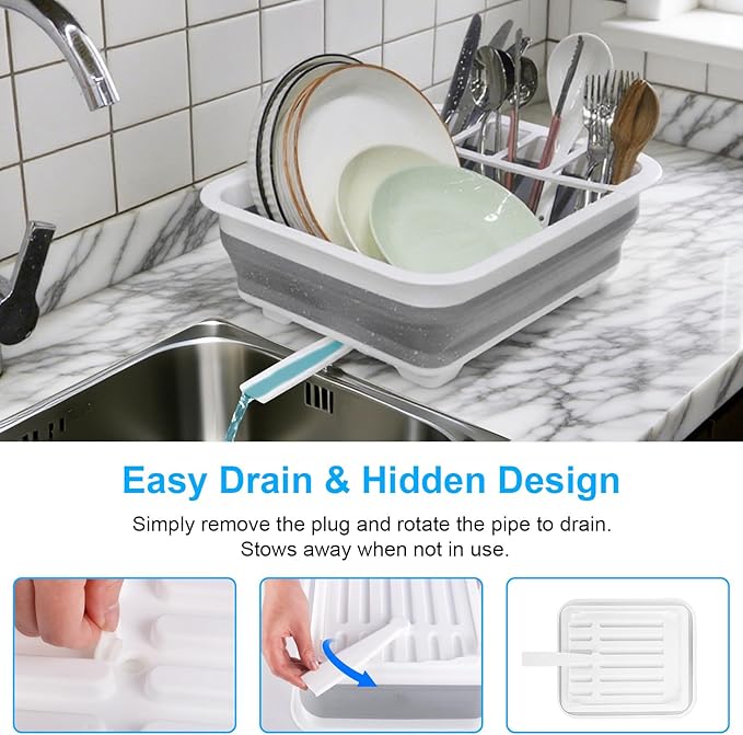 Collapsible Dish Drying Rack with Drain Plug Tube, Portable Dish Drainers for Kitchen Counter, Folding Dish Rack Over Sink Drying Dinnerware,Kitchen Sink Organizer Travel Trailer RV Camping Essentials