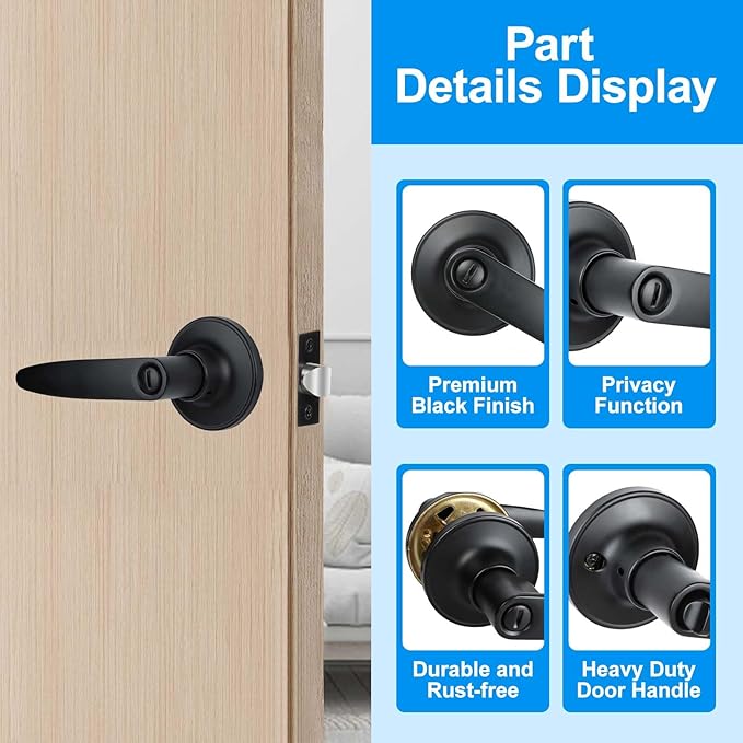 Privacy Door Levers, 6 Pack Matte Black Door Handles, Bed and Bath Door Locksets Heavy Duty Keyless Interior Handles, Reversible for Left Right Handed Doors
