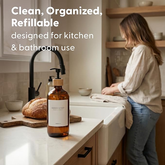 MaisoNovo Glass Hand Soap Dispenser | Dish Soap Dispenser for Kitchen | 16.9oz Amber Bottles with Black Bamboo Pump | Bathroom Lotion Dispenser