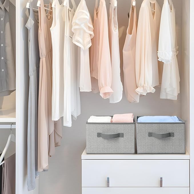 Storage Baskets, 11-Inch Woven Fabric Bins, Storage Cubes with Reinforced Handles, Organizer Bins for Closet Shelves, Foldable, for Toys, Clothes (3PCS/Grey-11*11*7.8inch)