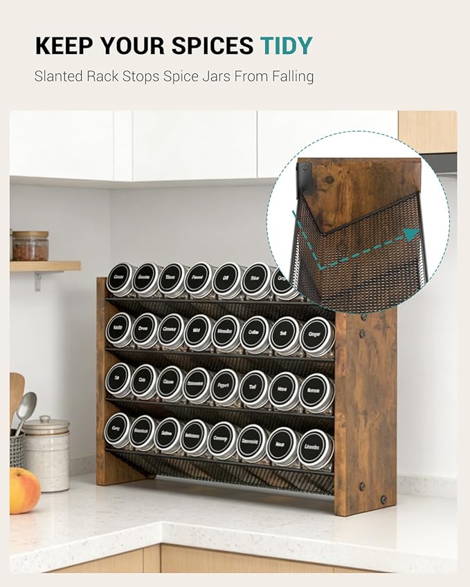 NESAPTO Spice Rack Organizer for Cabinet, Wooden 4 Tier Vertical Seasoning Organizers for Kitchen Pantry, Countertop/Wall Mount, Holds 32 Spice Jars (No Jars Included), 15.7" W × 9.4" H