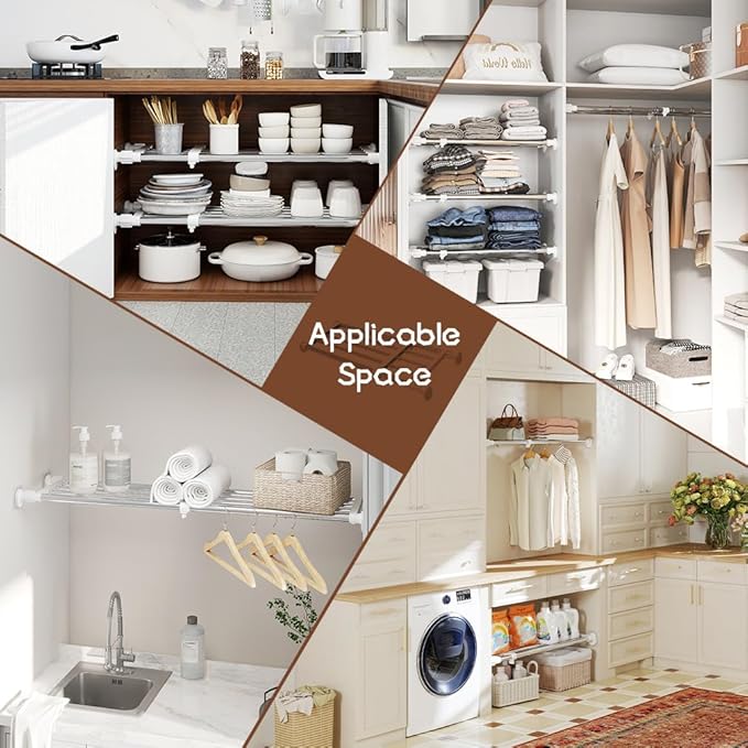 Hershii Tension Shelf Expandable Rod Closet System Heavy Duty Clothes Hanger Adjustable DIY Garage Bathroom Kitchen Storage Organizer Shoe Rack, Plant Stand, Bookshelf