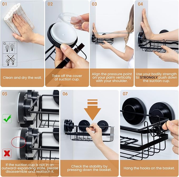 LEVERLOC 2 Pack Corner-adaptive Suction Cup Shower Caddies, Drill-Free Wall Mounted Basket, Stainless Steel Rustproof Corner Shower Shelf, Large Capacity Removable Suction Bathroom Organizer, Black