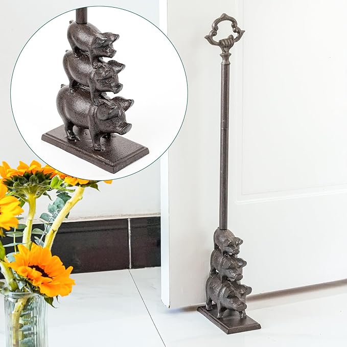 Sungmor Portable Door Stopper Wedge, 23.8" Tall Cute Three Pig Door Holder, Cast Iron Heavy Duty Animal Statue Door Stops with Handle, Antique Style Decorative Ornaments for Home or Yard