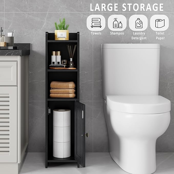 Small Bathroom Storage Cabinet Corner, Floor Cabinet with Adjustable Shelves, Freestanding Narrow Bathroom Toilet Paper Organizers for Small Spaces (Black)
