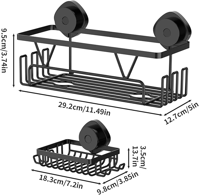 ZUNTO Suction Cup Shower Caddy with Extra Soap Holder, No Drill Shower Shelf Organizer Set with Hooks, Wall Mounted Storage Shelves Organizer for Bathroom and Kitchen, Pack of 2