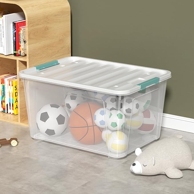 Aninhao 85 Quart Clear Plastic Storage Bin with Wheels, 4-Pack Large Latching Storage Box with Lid