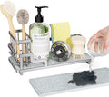 Consumest Sponge Holder for Kitchen Sink - Sink Caddy Organizer with Water Absorbing Stone Tray, Detachable Brush Holder, Stainless Steel Kitchen Counter Organizer Rack, Silver
