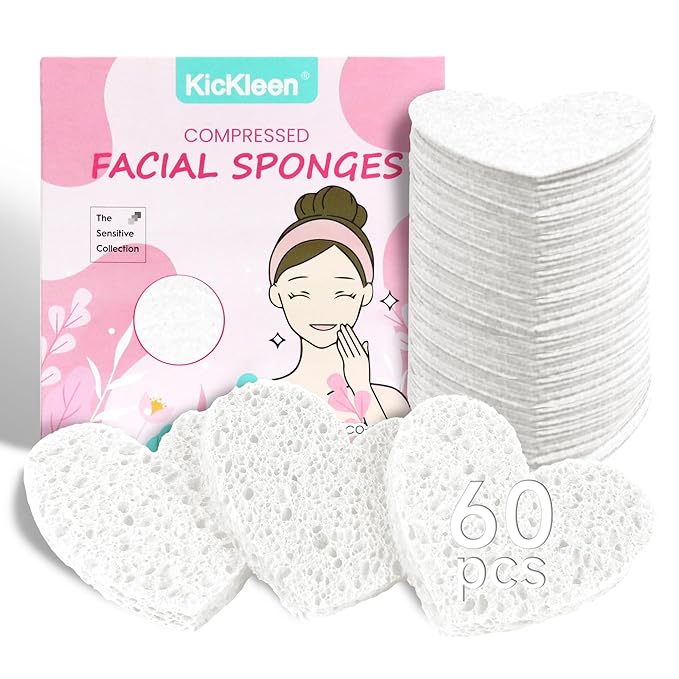 60-Count Kickleen Compressed Cellulose Heart Shape Facial Sponges | 100% Natural Cosmetic Spa Sponges for Facial Cleansing | Exfoliating | Makeup and Mask Removal | Reusable |Skin Massage (White)