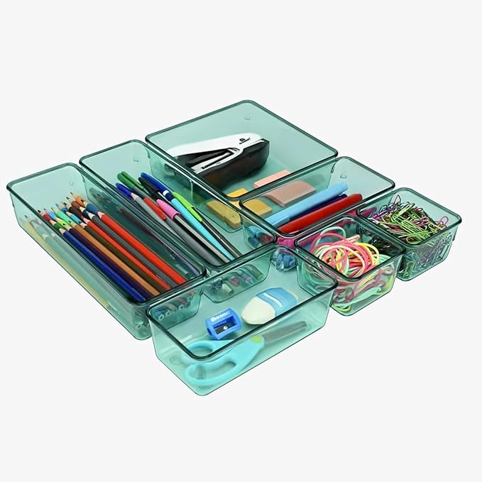 Acrimet Drawer Organizer Modular, Box Tray Storage Bins for Office, Home, Makeup, Kitchen, Junk Drawer (7 Units - 4 Sizes) (Clear Green Plastic)