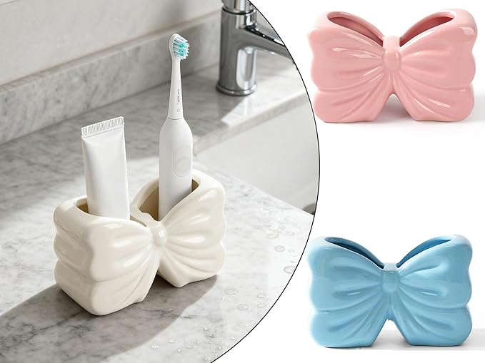 Bow Toothbrush Holder ， 2-Slot Toothbrush and Toothpaste Holder Cute Toothbrush Holder Set, Bathroom Counter Organizer for Bathrooms， Electric Toothbrushes, Floss, Razors - White