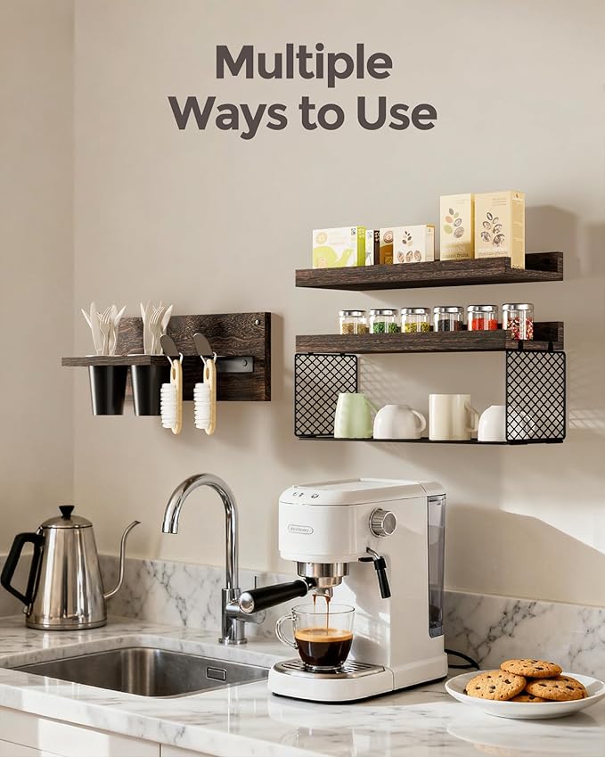 Puricon Floating Bathroom Shelves with Hair Dryer Holder, 3-Tier Rustic Wood Wall Mounted Organizers Set, Space Saving Over-Toilet Storage and Home Decor Hanging Rack -Dark Brown