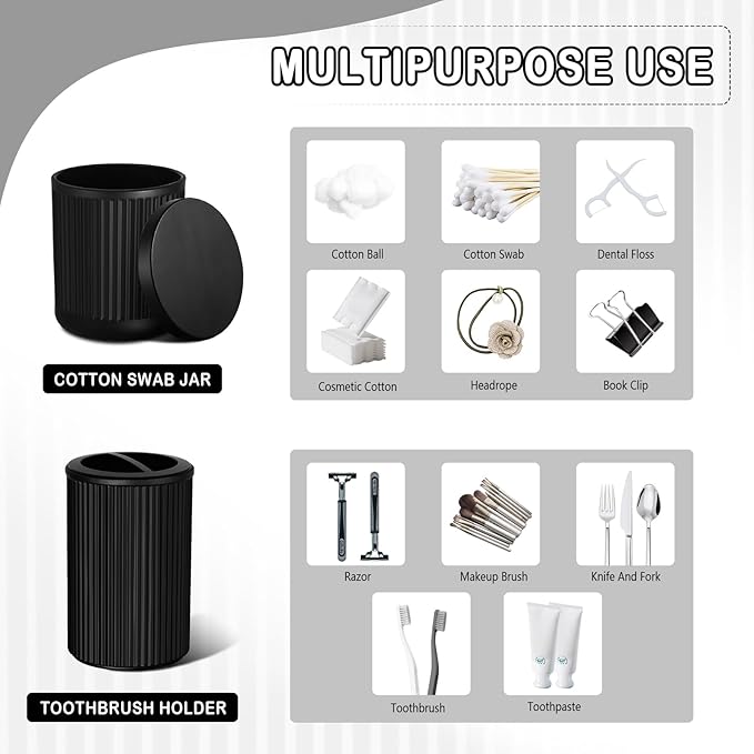 Matte Black Bathroom Accessories Set, 4 Pcs Glass Bathroom Accessory Set, Soap Dispenser, Toothbrush Holder, Qtip Holder Set, Bathroom Sets Complete, Bathroom Sink Set for Modern Home Decor