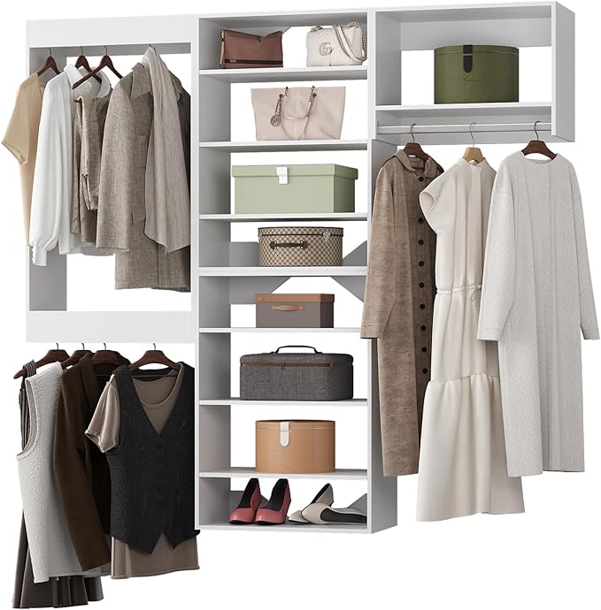 Modular Closet, 84" Wide Organizer with Towers and Hanging, Wood Tower Storage for Walk-in Closets, Wall-Mounted Wardrobe Organizer Kit, White