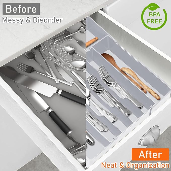 Large Kitchen Silverware Organizer - Expandable 17.2" x 17.9" Adjustable Drawer Tray, 4-7 Compartments for Maximum Storage, BPA-Free, Grey