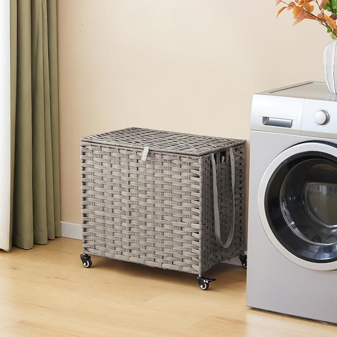 Laundry Hamper with Wheels, 34.3 Gallon(130L) Rolling Laundry Basket with Lid, 3-Section Rattan Clothes Hamper with 3 Removable Liner & 3 Mesh Bags, Laundry Sorter with Side Pocket, Grey