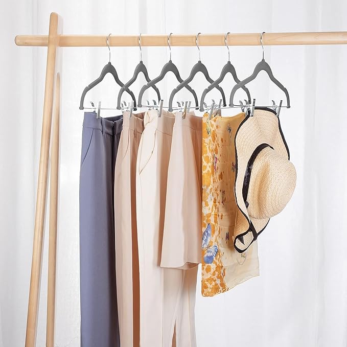 VECELO 20 Pack Velvet Clothes Hangers with Adjustable Clips,Heavy-Duty Non Slip & Space-Saving with 1 Magic Hangers & 2 Tie Rack for Suit Coat Pants Skirt Dresses