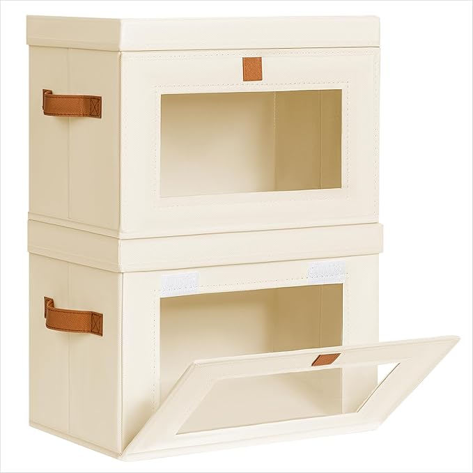 Small Fabric Storage bins - Collapsible Storage Bins with Open Window, 2 Pack Closet Baskets for Shelves, Stackable Decorative Boxes for Home, Dorm, Beige, 13.7"x 9.8"x 9.8"