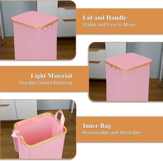 Laundry Basket with Wheels, 110L Clothes Hamper for Laundry, Laundry Hamper with Bamboo Lid and Inner Bag, for Laundry Room, Bedroom, Dormitory Storage,Pink