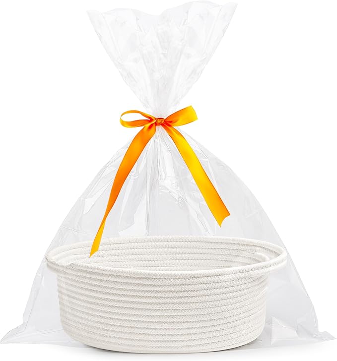 Pro Goleem Small Woven Burr Basket with Gift Bags and Ribbons Durable Baskets for Valentines Day Gifts Empty Small Rope Basket for Storage 12"X 8" X 5" Baby Toy Baskets with Handles, White