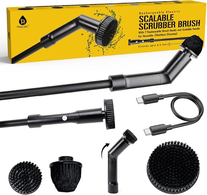Pursonic Electric Spin Scrubber – Cordless Cleaning Tool with 8 Brush Heads, Heavy Duty Bathroom Tile Cleaner & Floor Scrubber for Tub, Sink, Wall, Kitchen, Car & Household Cleaning
