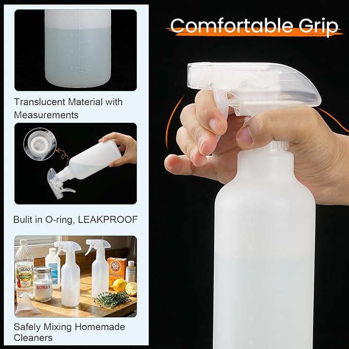 Spray Bottles 16.9oz HDPE Spray Bottle for Hair Mist/Stream Empty Heavy Duty Refillable Containers for Cleaning Solutions, Plants, Vinegar 2 Pack (White, 16.9oz)