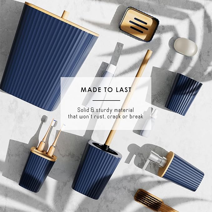 Clara Clark Bathroom Accessories Set - Bathroom Set, Bathroom Accessory Set, Shower Curtain Set, Toilet Brush, Trash Can & Soap Dispenser - Navy - 20PC