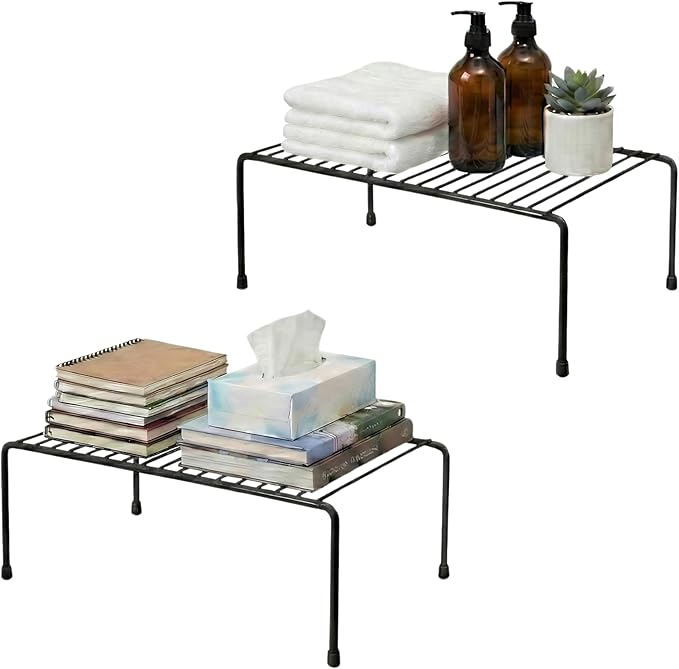 Evelots Kitchen Cabinet Wire Shelf Organizer/Rack - 2 Pack Sturdy Metal Shelf Risers - Double Your Counter Space - Great for Kitchen, Freezer, Pantry and Bathroom - Rustproof - Black