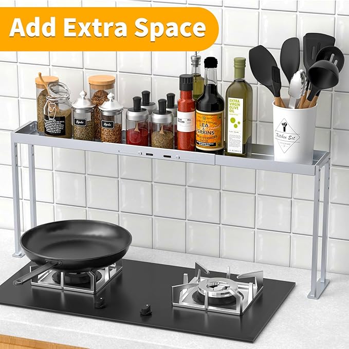 Stove Top Shelf,Adjustable 27 to 33 Inch Over the Stove Shelf for Back of Stove Spice Rack for Countertop,4 Level Height Spice Rack Organizer Seasoning Organizer for Kitchen Stove,Silver