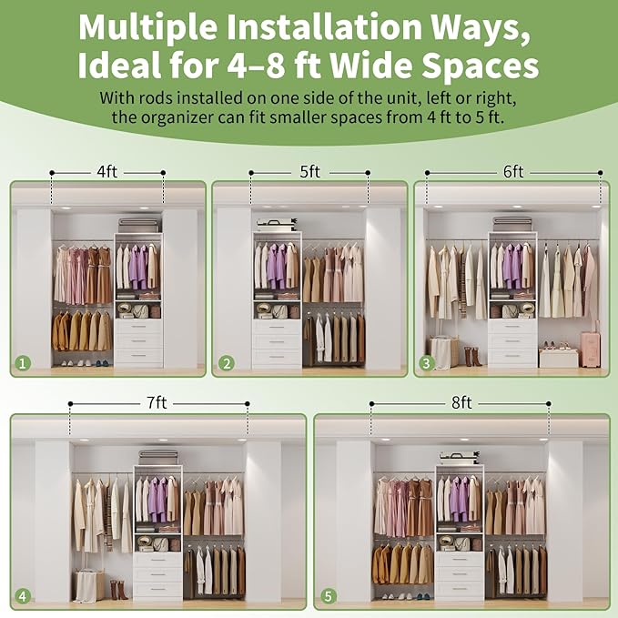 Closet System with 3 Drawers, 4–8.5 Ft Closet Organizer System with 5 Adjustable Hanging Rods & Shelves, Wood Walk-In Closet System, Built-In Modular Closet Kit, Sturdy Garment Rack, White