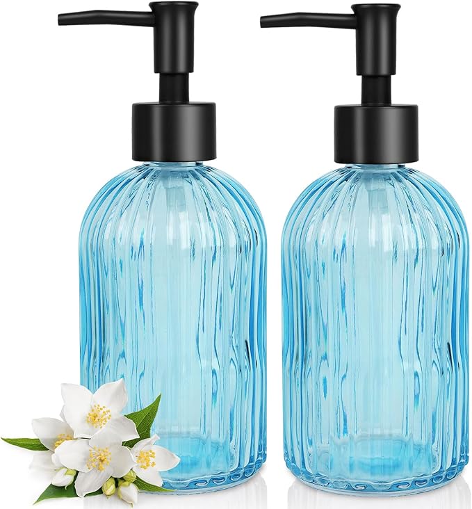 2 Pack Stripe Glass Soap Dispenser with Black Plastic Pump, 400ml Liquid Hand Soap Dispenser, Rustproof Pump for Kitchen & Bathroom, Great for Lotions, Essential Oil, Liquid Soaps- (Light Blue)