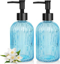 2 Pack Stripe Glass Soap Dispenser with Black Plastic Pump, 400ml Liquid Hand Soap Dispenser, Rustproof Pump for Kitchen & Bathroom, Great for Lotions, Essential Oil, Liquid Soaps- (Light Blue)