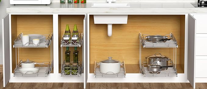 OCG 2 Tier Pull Out Cabinet Organizer (21.5" W x 21" D), Pull Out Drawers for Kitchen Cabinets, Pull Out Shelves for Base Cabinet Organization in Kitchen Bathroom Pantry, Chrome Finish