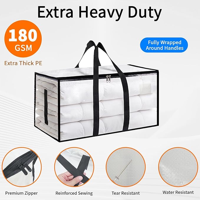 8 Pack-Extra Large Heavy Duty Moving Bags - Waterproof Storage Totes with Handles & Zippers, Foldable for College Dorm, Storage (Clear)