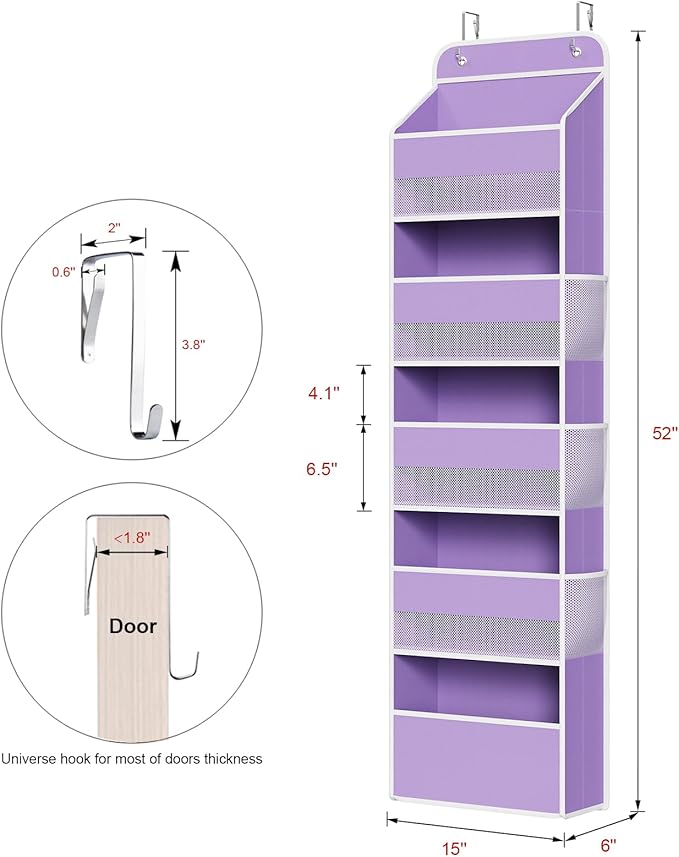 Univivi 5-Shelf Over The Door Hanging Organizer, Back of Door Organizer with 5 Compartments 6 Side Pockets for Baby Bedroom and Bathroom Storage (Purple)