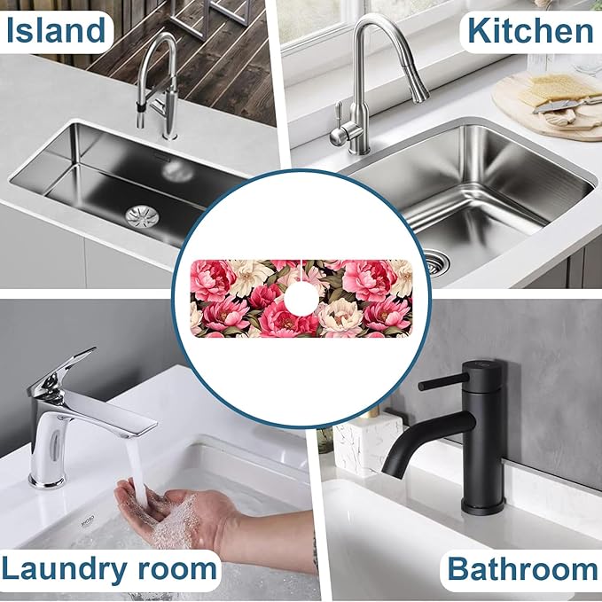 Garden Flowers Sink Splash Guard Faucet Mat Watercolor Peonies Super Absorbent Fast Drying Mat Sink Gadgets-Splash Guard Behind Faucet Drip Catcher for Kitchen Bathroom, 15.5"x5.5"