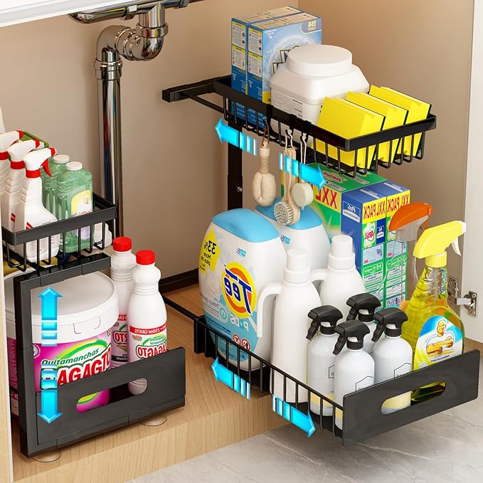 Under Sink Organizer, Adjustable Shelves, 2 Pack Pull Out Cabinet Organizer Slide Out Sink Shelf Cabinet Storage Shelves, Under Sink Storage for Kitchen Bathroom Cabinet
