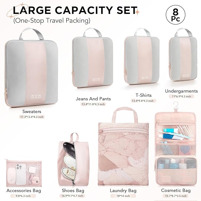 OlarHike 8 Set Compression Packing Cubes,Christmas Gifts for Women Mom Girl,Compressible Expandable Luggage Clothes Organizer for Travelers,Airplane/Cruise/Car/Train Travel Essentials(Beige2)
